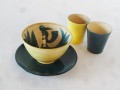 Set_Vogelschüssel, Teller petrol, Becher zitrone und petrol